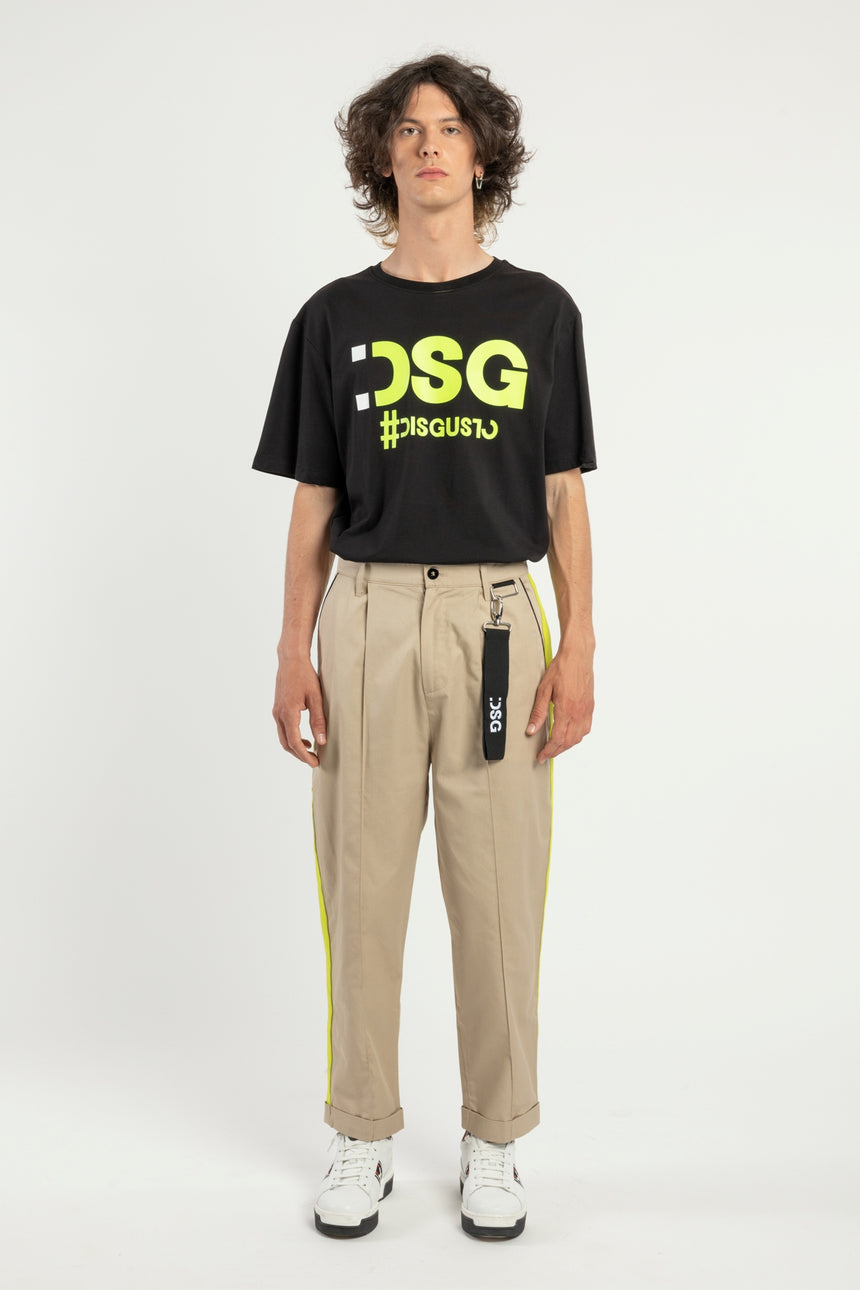 PANTALONE CHINO DSG IN GABARDINA BEIGE CON GRO LATERALE FLUO