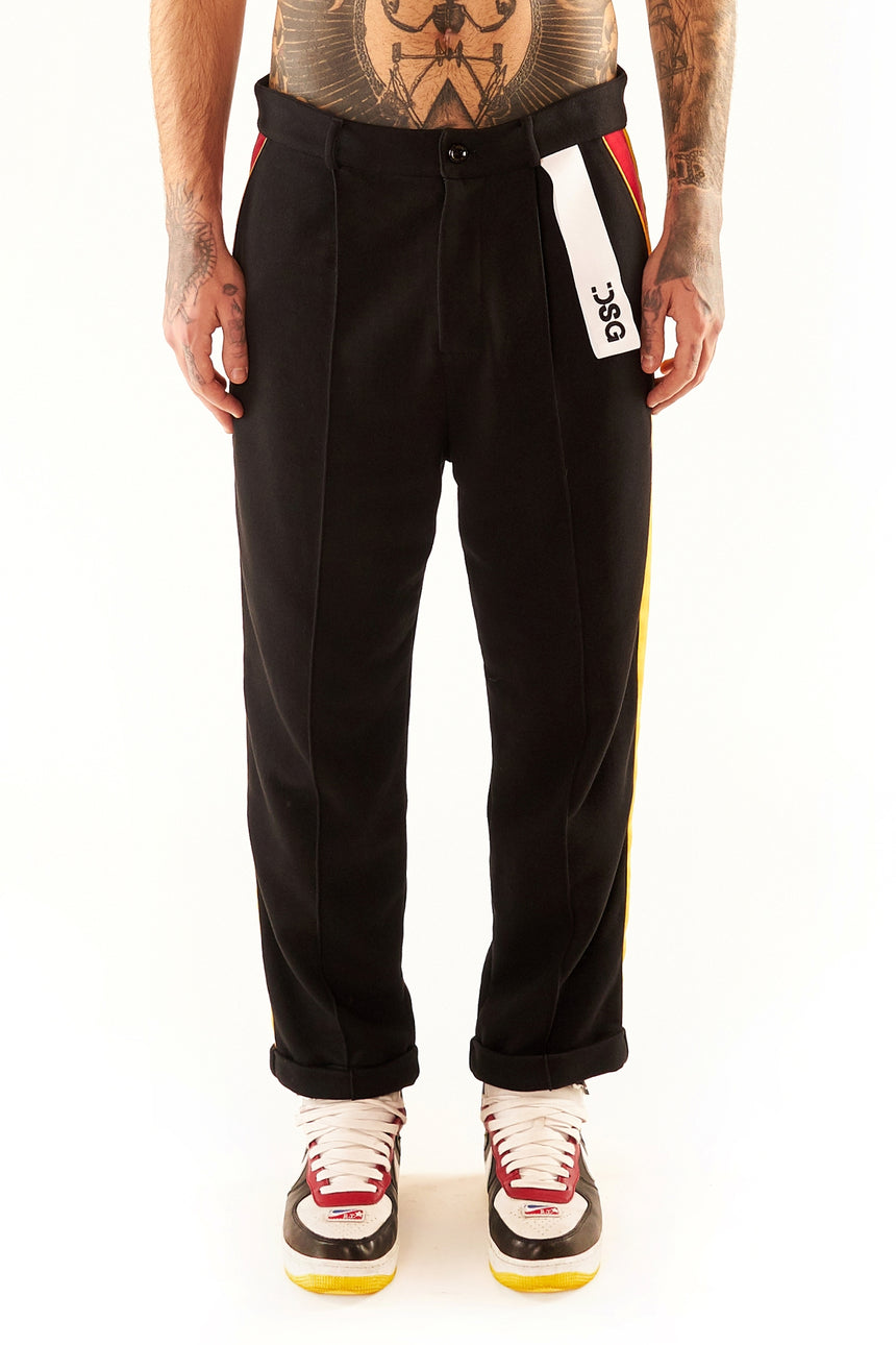 PANTALONE CHINO DSG IN FELPA NERA CON GRO LATERALE GIALLO/ROSSO