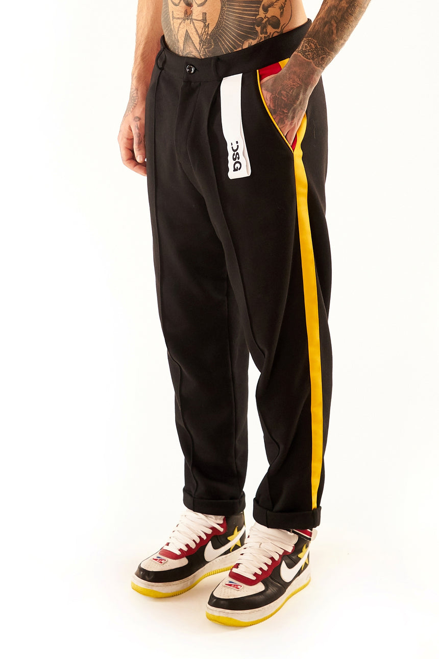 PANTALONE CHINO DSG IN FELPA NERA CON GRO LATERALE GIALLO/ROSSO
