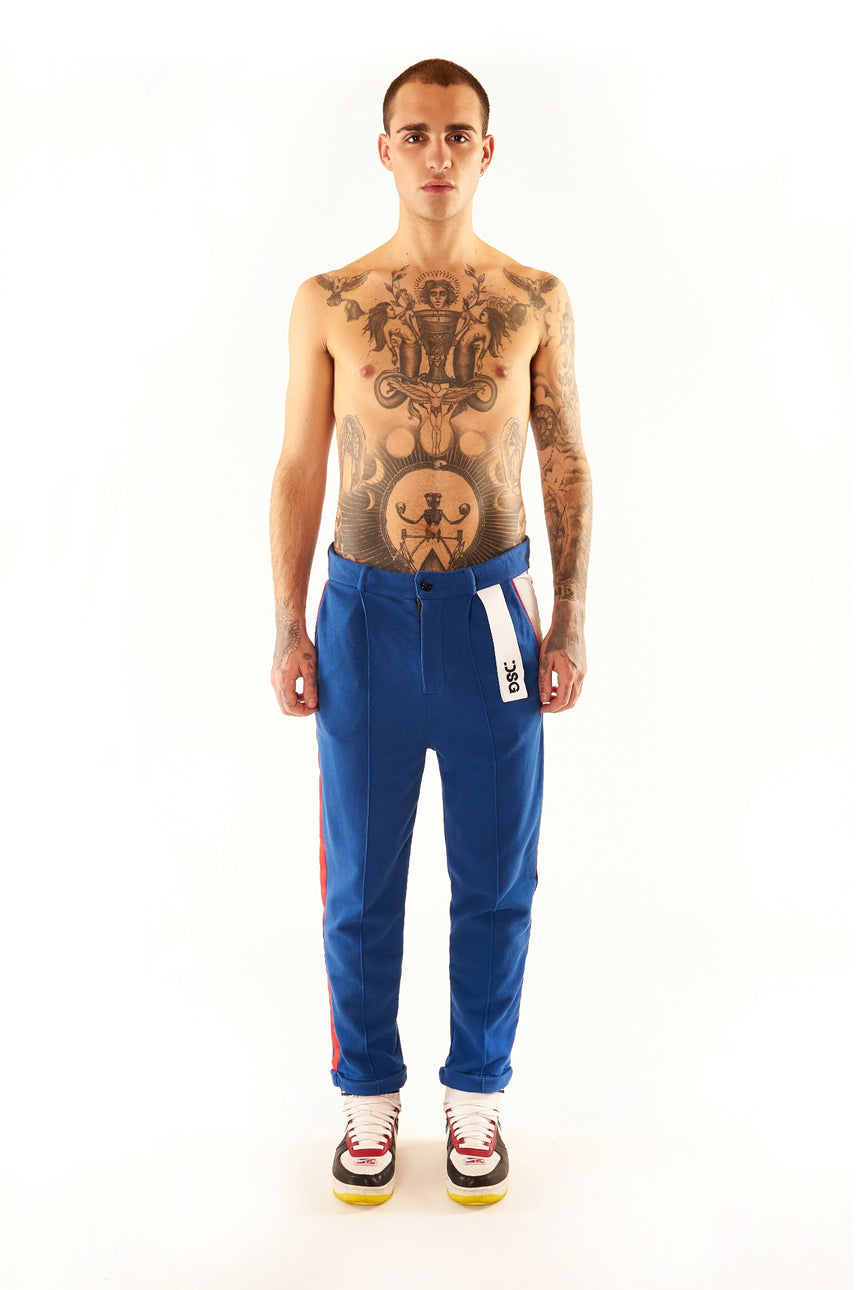 PANTALONE CHINO DSG IN FELPA BLUE CON GRO LATERALE ROSSO/BIANCO