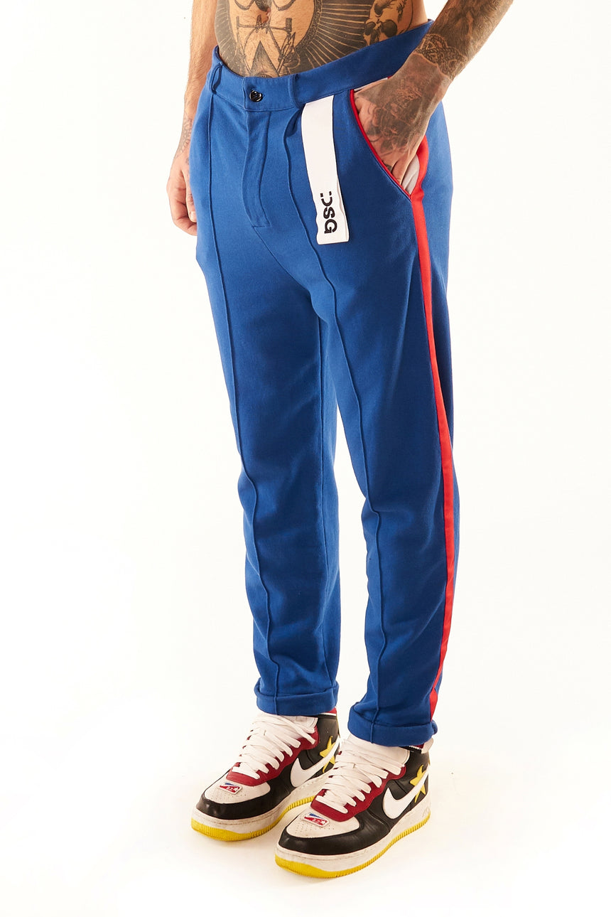 PANTALONE CHINO DSG IN FELPA BLUE CON GRO LATERALE ROSSO/BIANCO