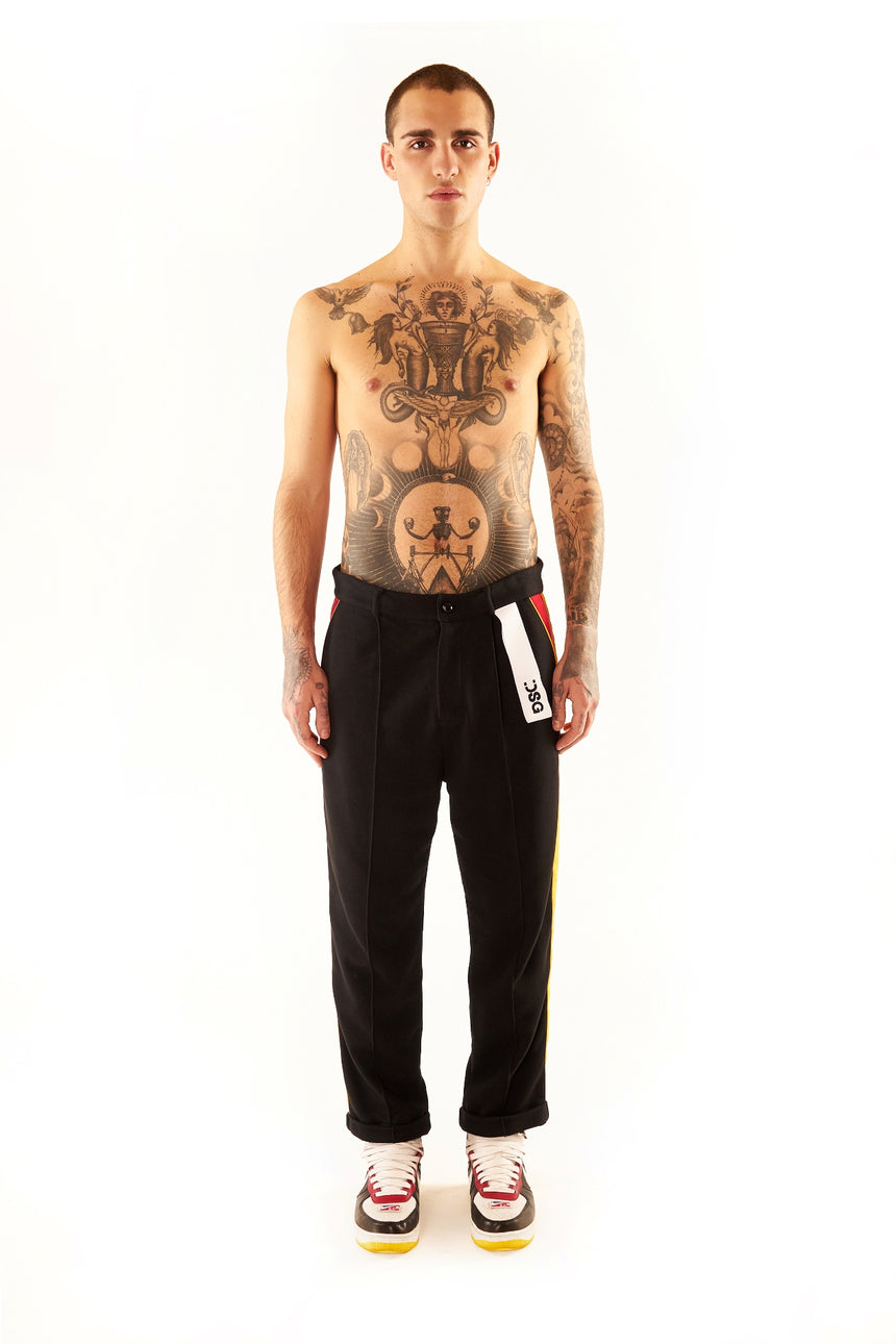 PANTALONE CHINO DSG IN FELPA NERA CON GRO LATERALE GIALLO/ROSSO