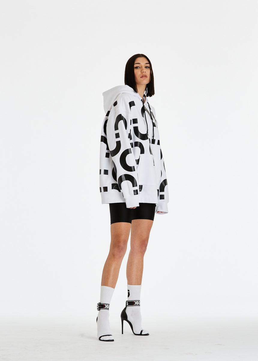 FELPA CON CAPPUCCIO DSG BIANCA CON STAMPA CHAIN NERA (DONNA)