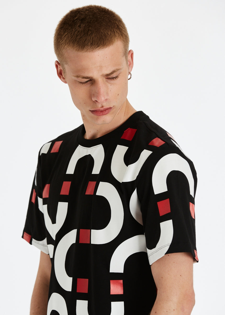 T-SHIRT DSG NERA CON STAMPA CHAIN BIANCO-ROSSA