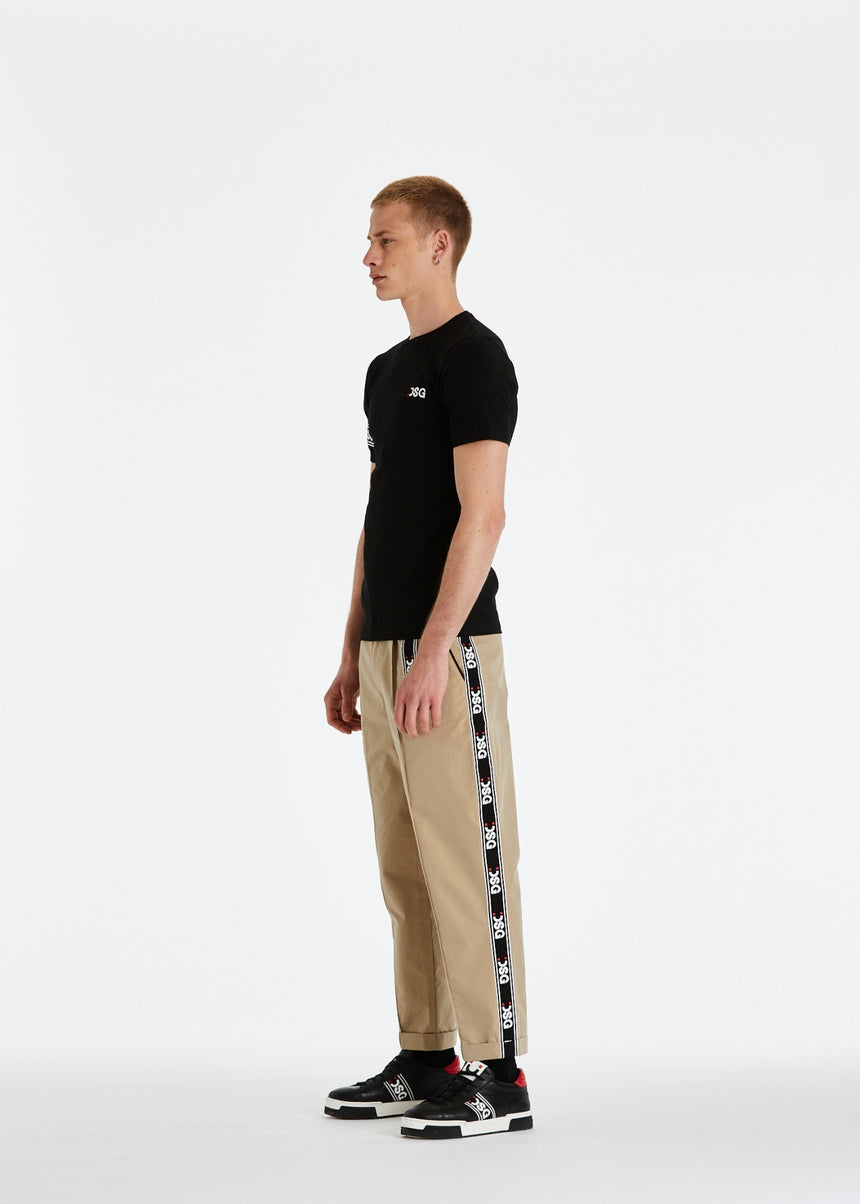 PANTALONE CHINO DSG IN GABARDINA BEIGE CON GRO LATERALE STAMPATO