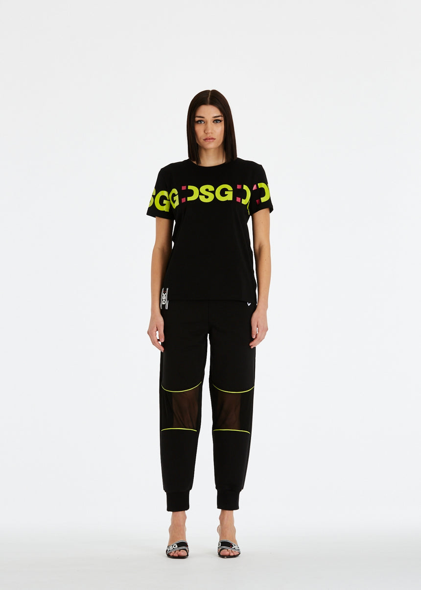 T-SHIRT ELASTICIZZATA DSG NERA CON STAMPA LOGO VERDE ACIDO
