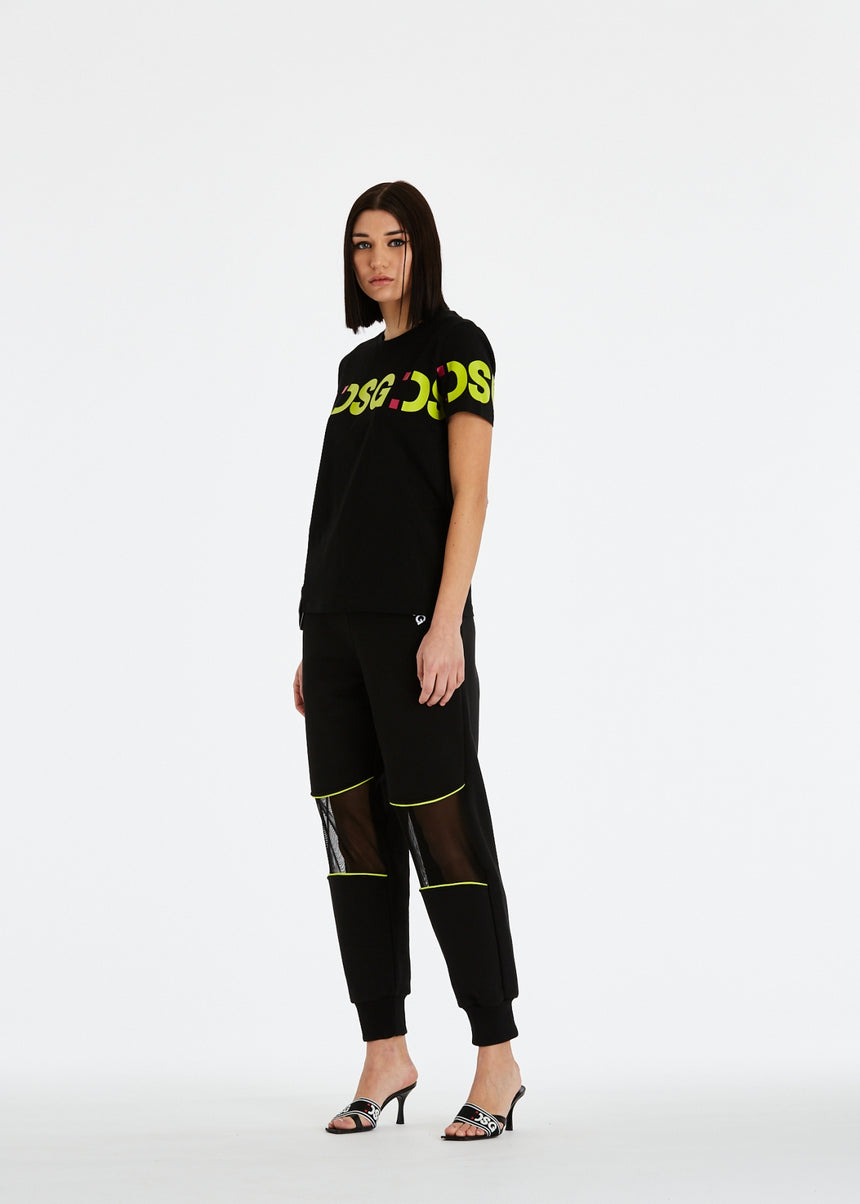 T-SHIRT ELASTICIZZATA DSG NERA CON STAMPA LOGO VERDE ACIDO