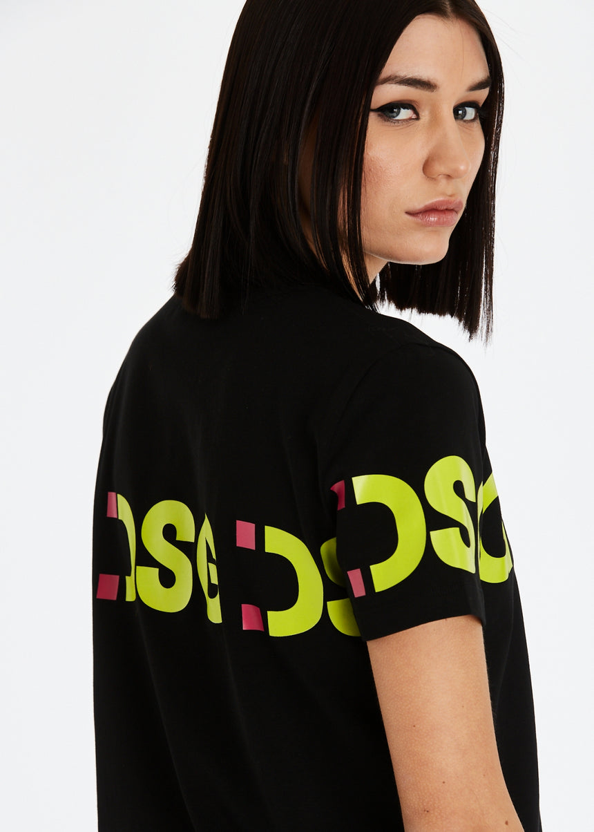 T-SHIRT ELASTICIZZATA DSG NERA CON STAMPA LOGO VERDE ACIDO