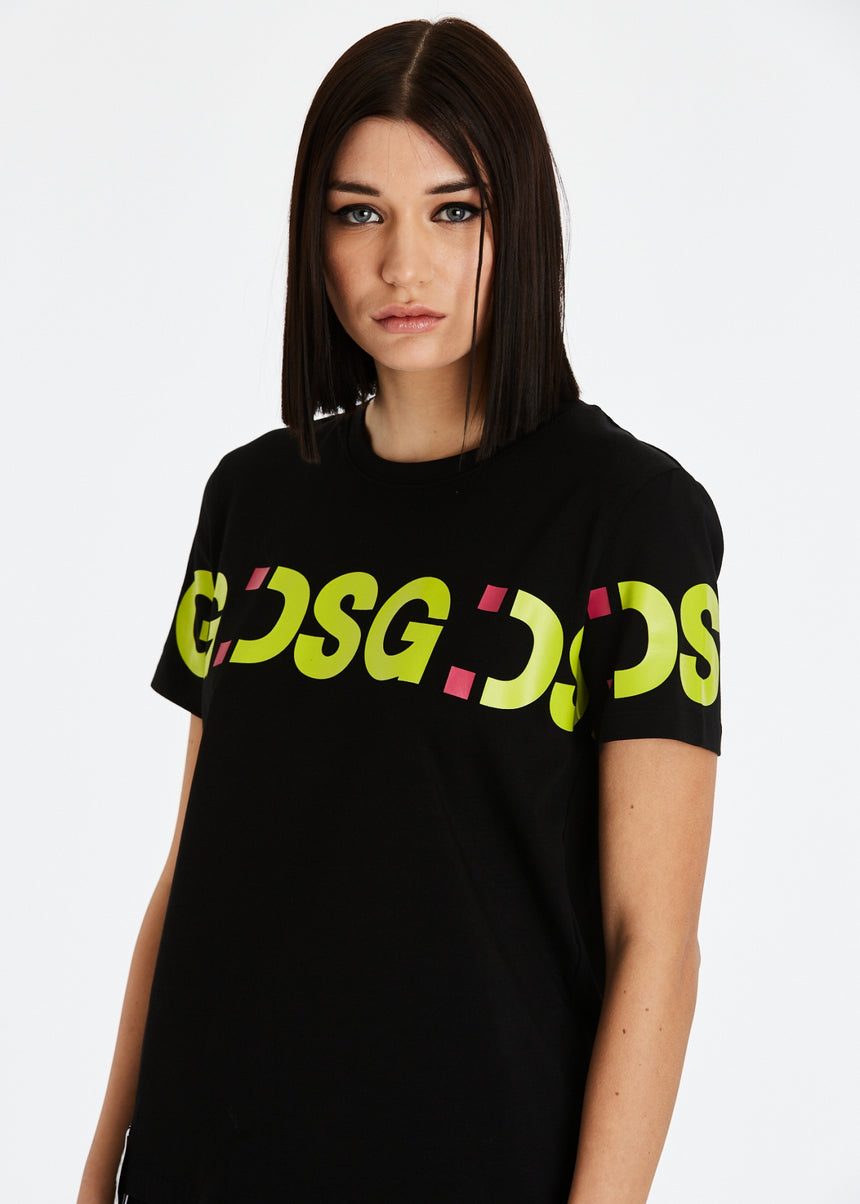 T-SHIRT ELASTICIZZATA DSG NERA CON STAMPA LOGO VERDE ACIDO