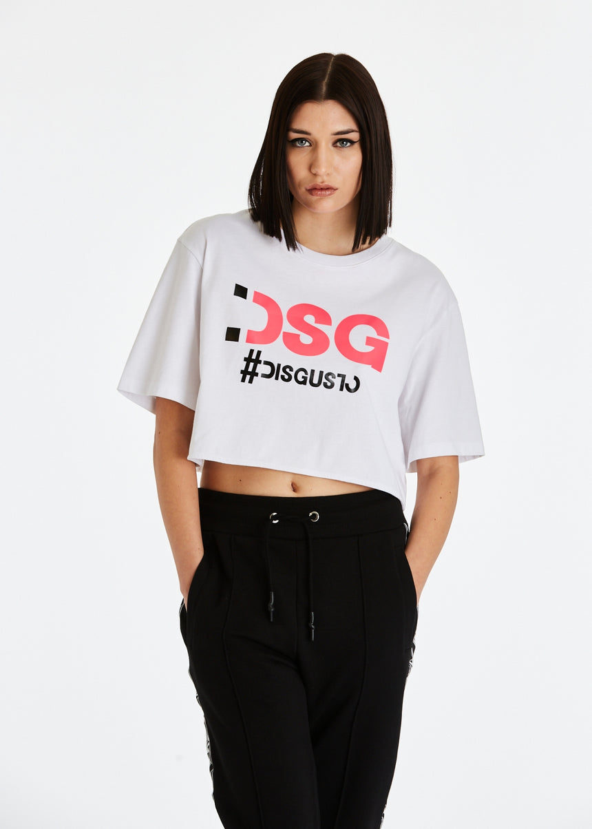 T-SHIRT DSG CROPPED BIANCA CON STAMPA LOGO CANDY PINK