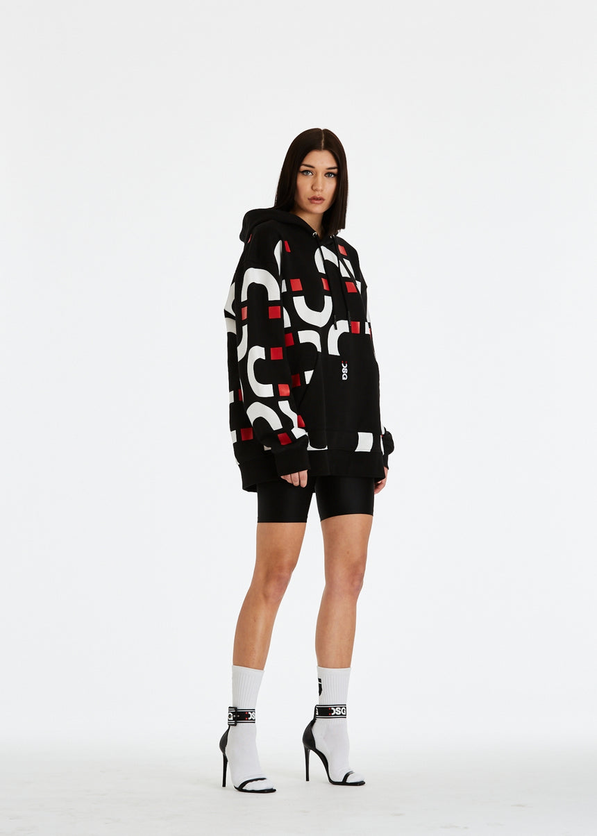 FELPA CON CAPPUCCIO DSG NERA CON STAMPA CHAIN BIANCA (DONNA)