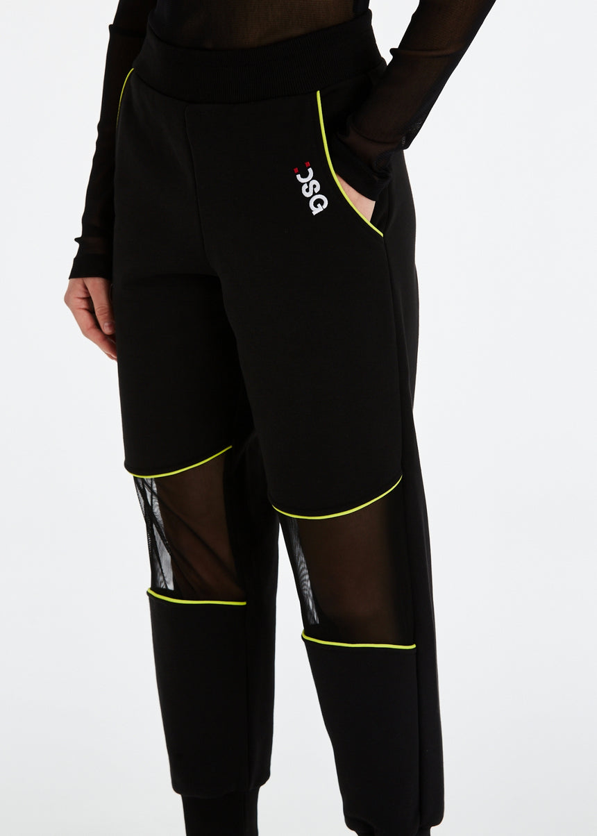 PANTALONE JOGGER DSG IN FELPA NERA CON INSERTO IN RETE E PIPING LIME
