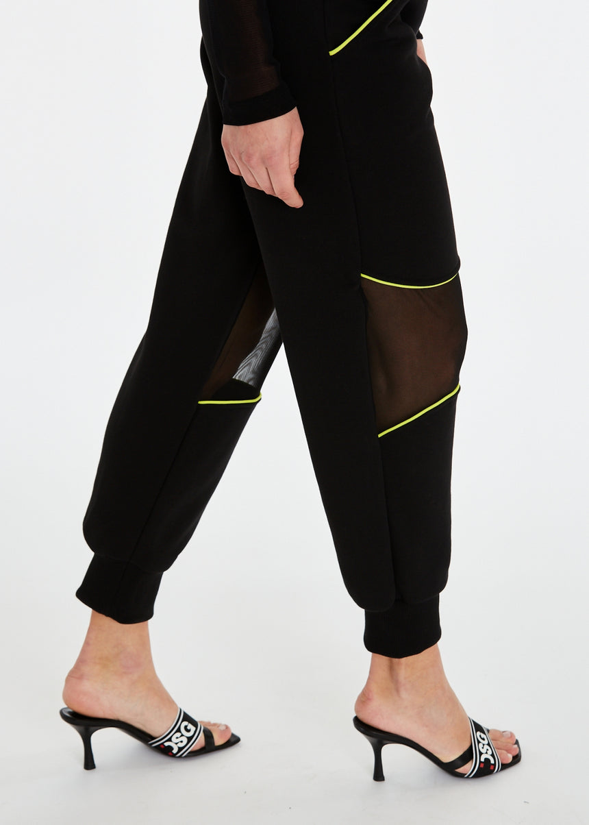 PANTALONE JOGGER DSG IN FELPA NERA CON INSERTO IN RETE E PIPING LIME