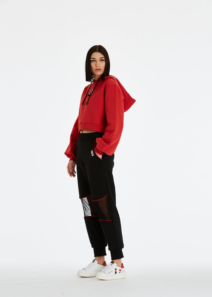 PANTALONE JOGGER DSG IN FELPA NERA CON INSERTO IN RETE E PIPING ROSSO