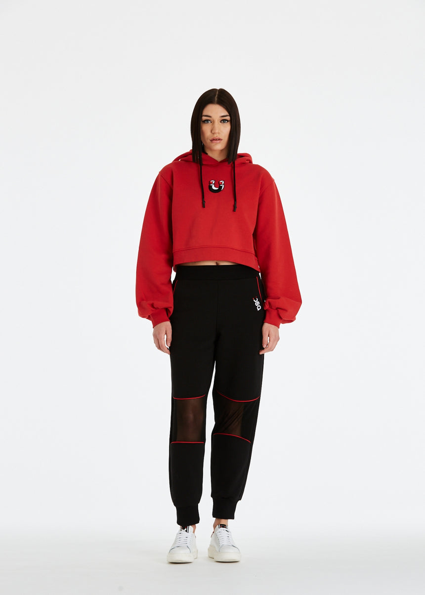 PANTALONE JOGGER DSG IN FELPA NERA CON INSERTO IN RETE E PIPING ROSSO