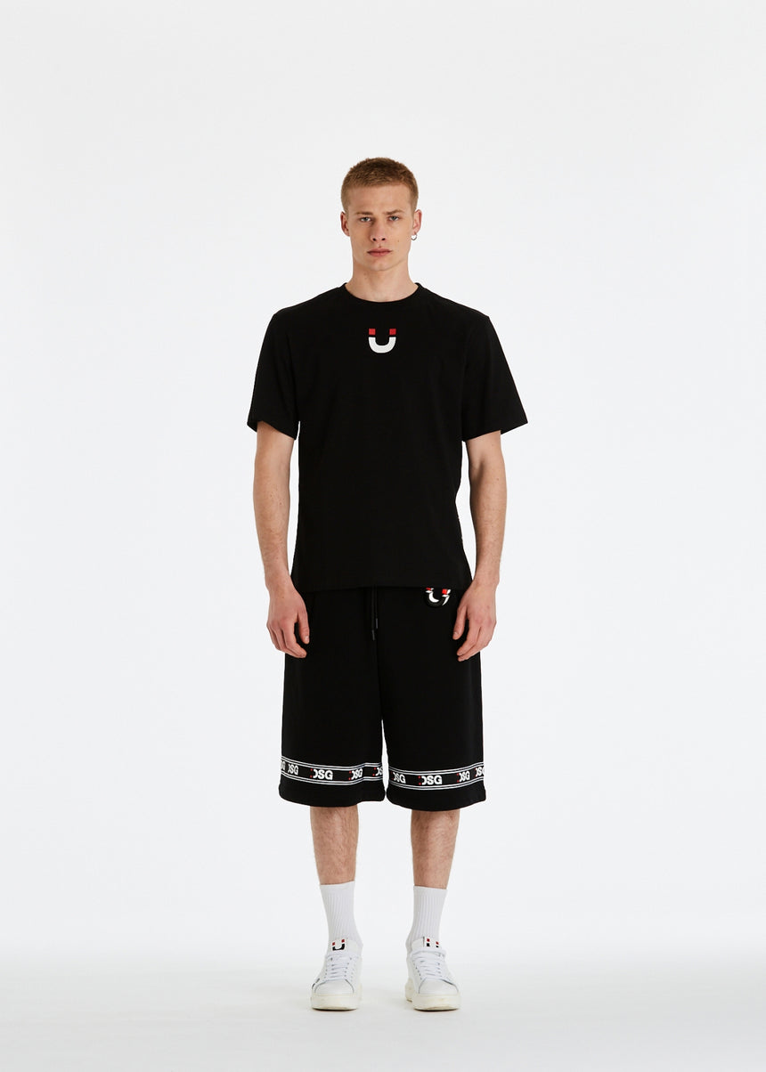 PANTALONCINO DSG IN FELPA NERA CON GRO STAMPATO E PATCH