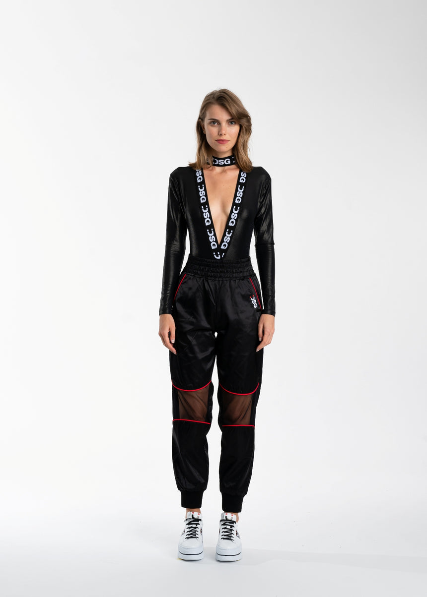 BODY DSG NERO IN LYCRA SPALMATA CON ELASTICO LOGATO