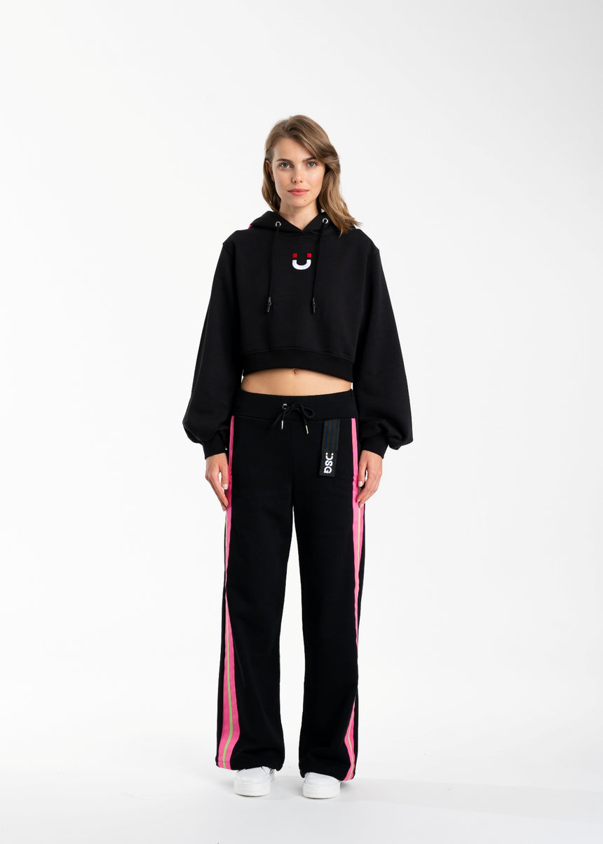 PANTALONE PALAZZO DSG IN FELPA NERA E GRO FUXIA