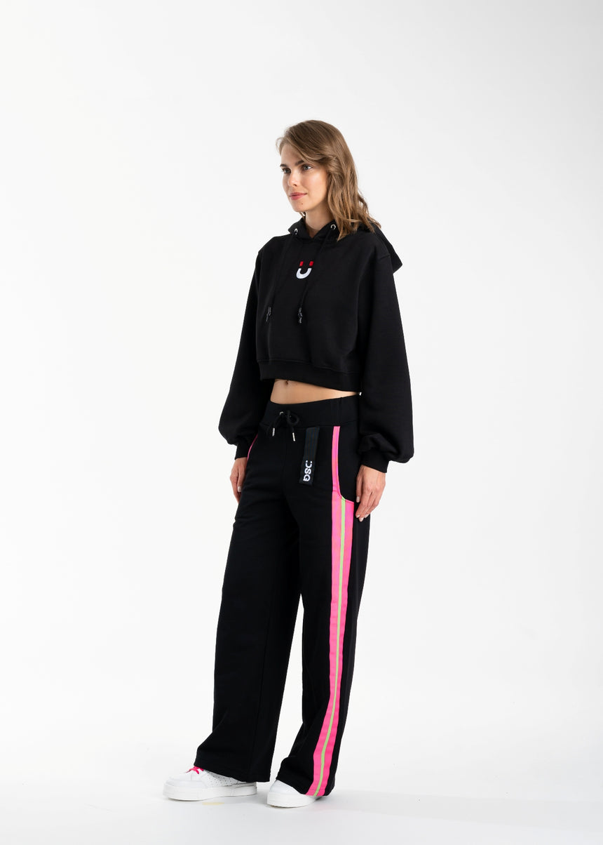 PANTALONE PALAZZO DSG IN FELPA NERA E GRO FUXIA