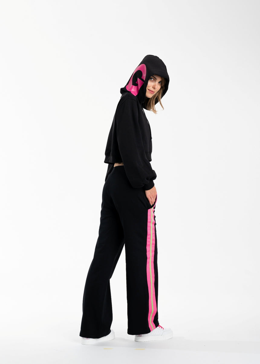 PANTALONE PALAZZO DSG IN FELPA NERA E GRO FUXIA