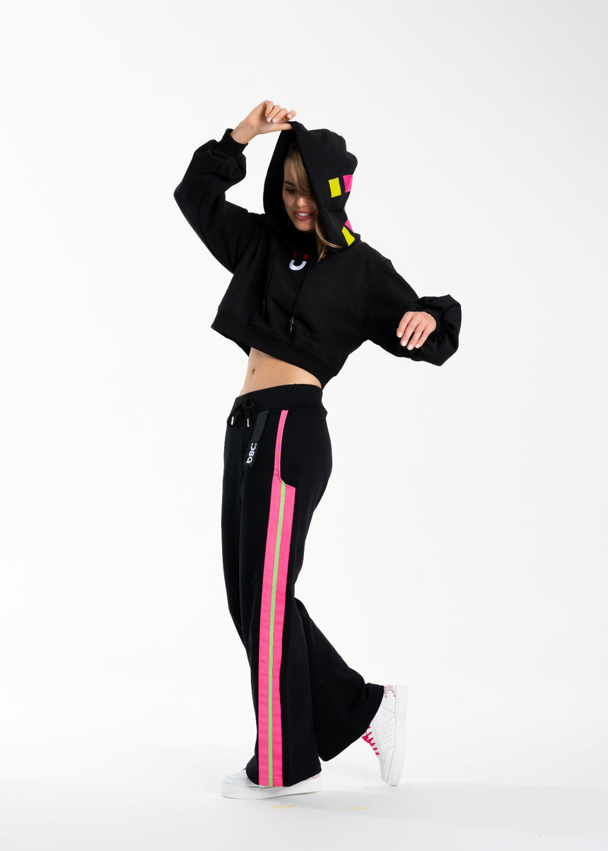 PANTALONE PALAZZO DSG IN FELPA NERA E GRO FUXIA