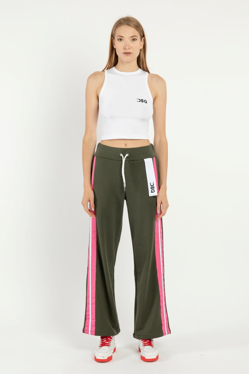PANTALONE PALAZZO DSG IN FELPA MILITARE E GRO FUXIA