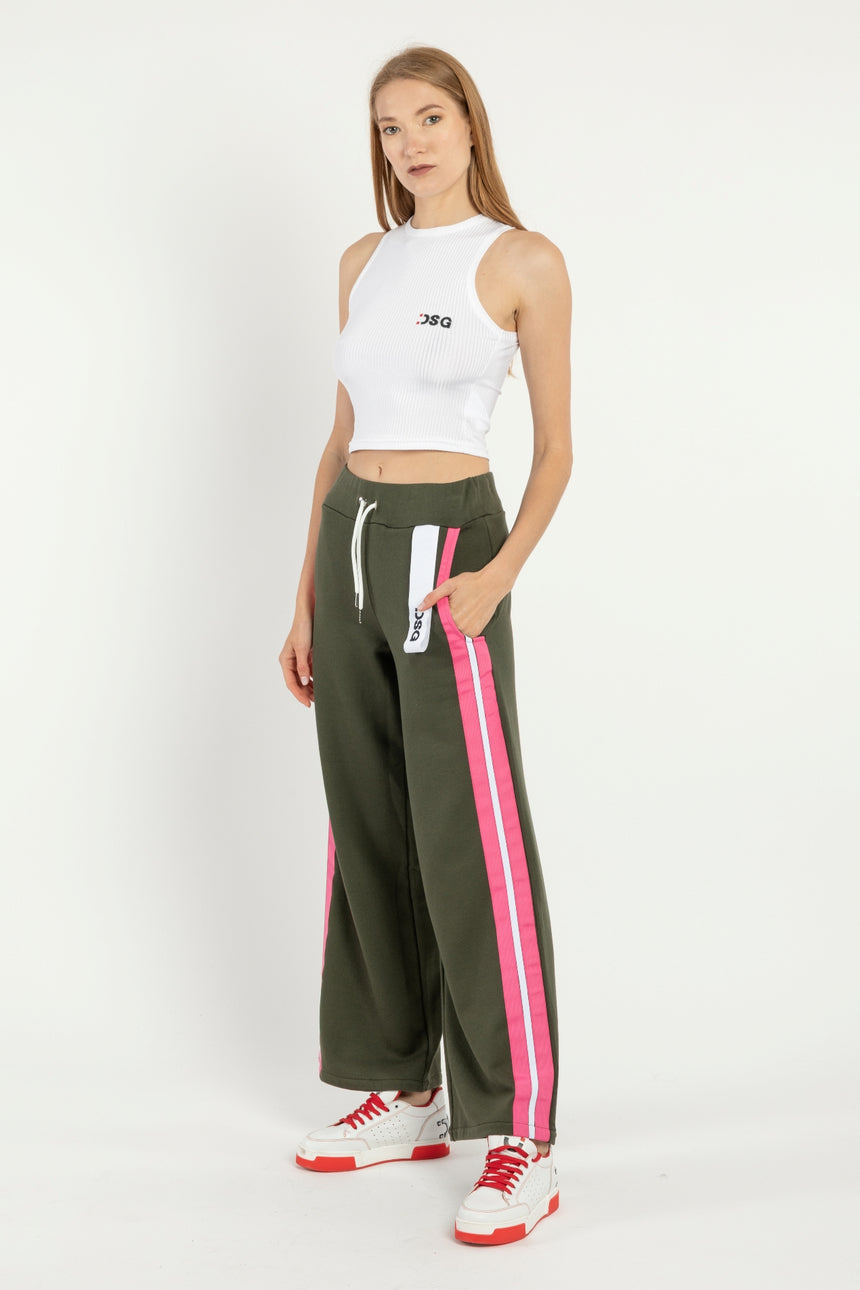 PANTALONE PALAZZO DSG IN FELPA MILITARE E GRO FUXIA