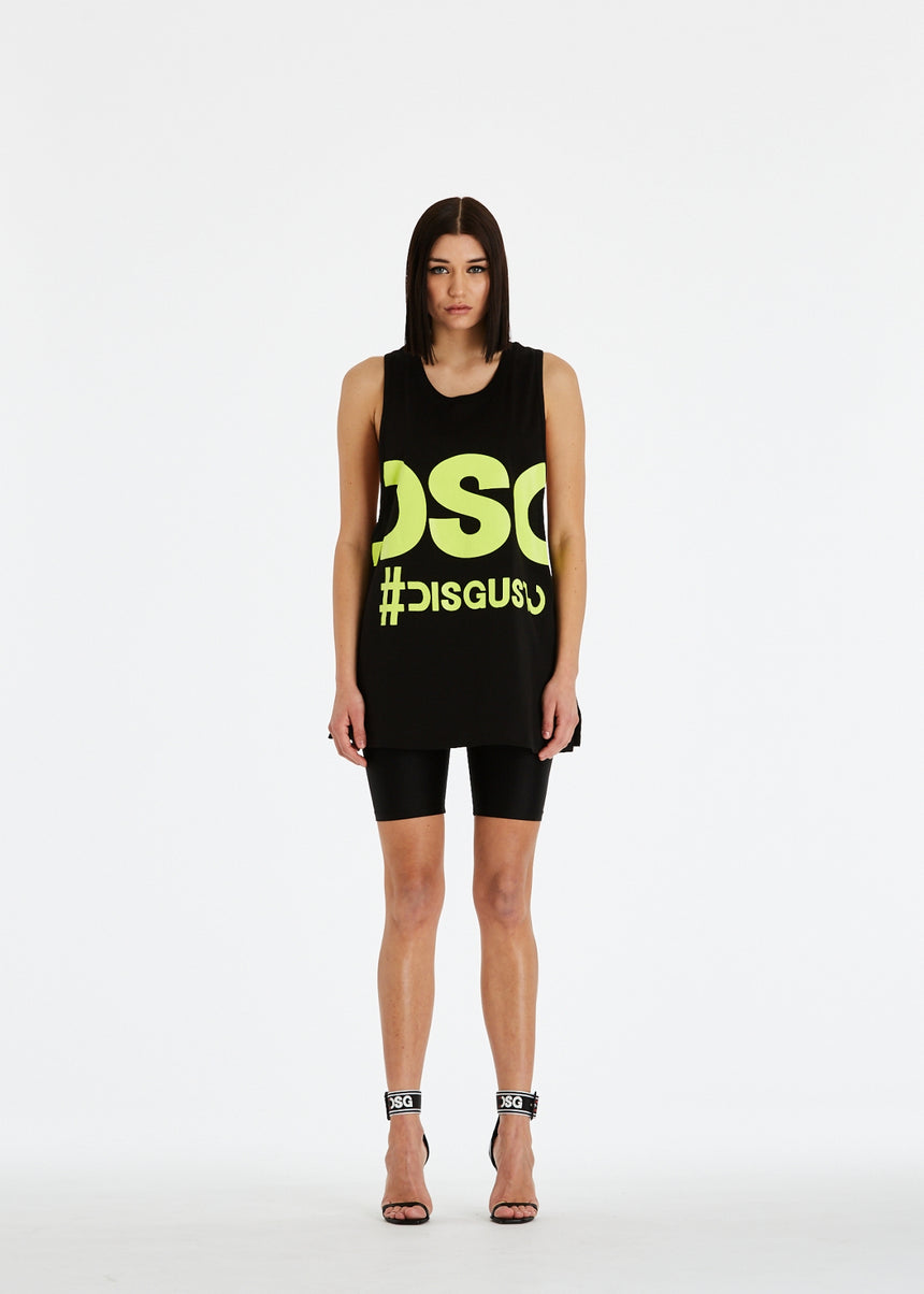 CANOTTA LUNGA DSG NERA CON STAMPA MAXI LOGO VERDE ACIDO