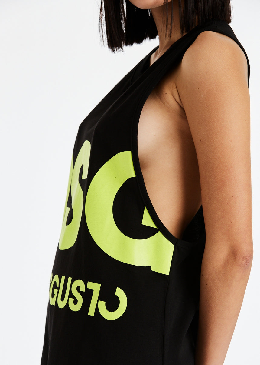 CANOTTA LUNGA DSG NERA CON STAMPA MAXI LOGO VERDE ACIDO