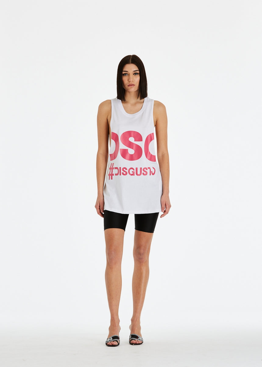 CANOTTA LUNGA DSG BIANCA CON STAMPA MAXI LOGO FUXIA