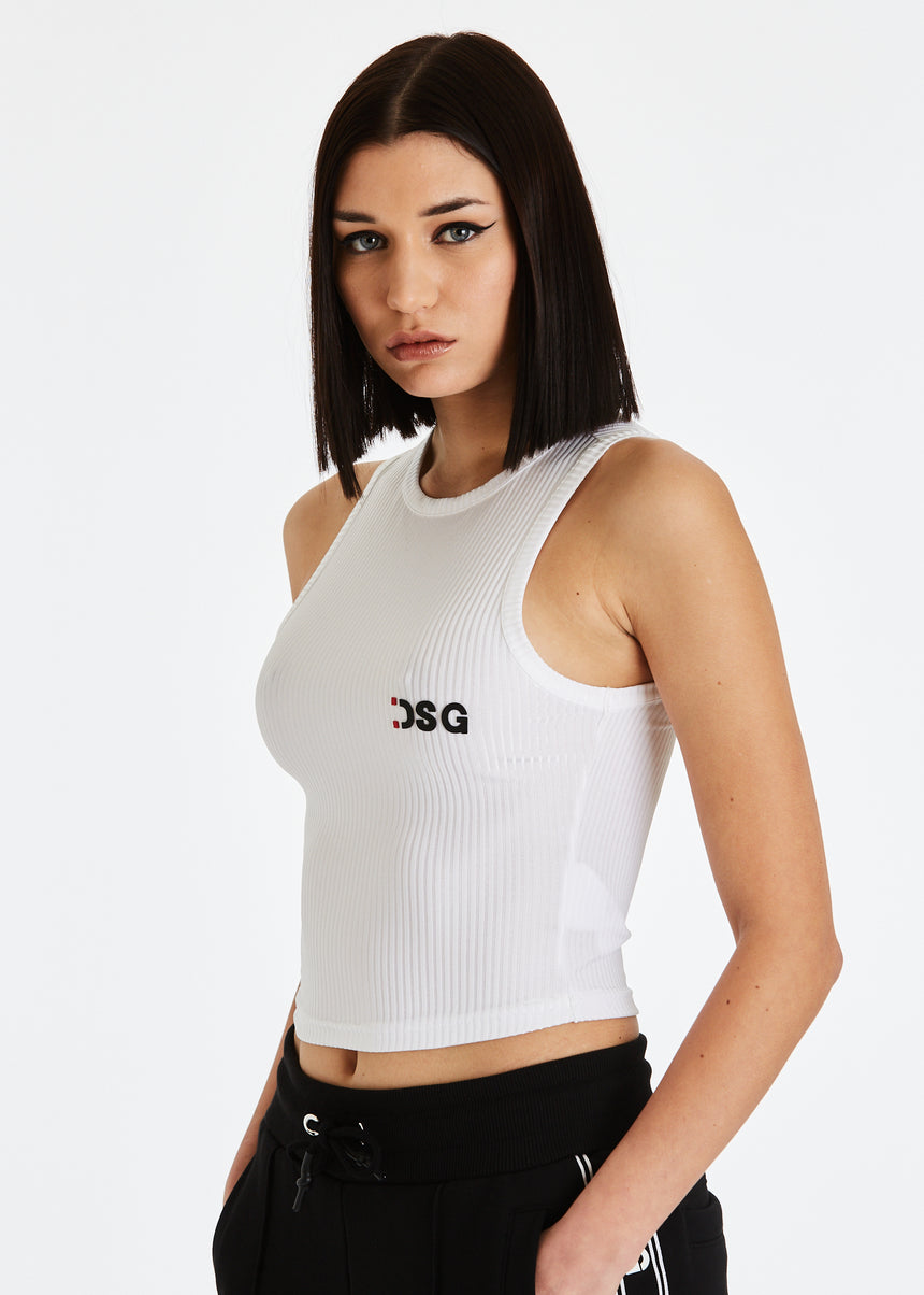 TOP DSG ELASTICIZZATO A COSTINE BIANCO CON STAMPA A RILIEVO NERA