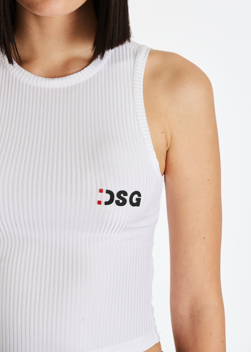 TOP DSG ELASTICIZZATO A COSTINE BIANCO CON STAMPA A RILIEVO NERA
