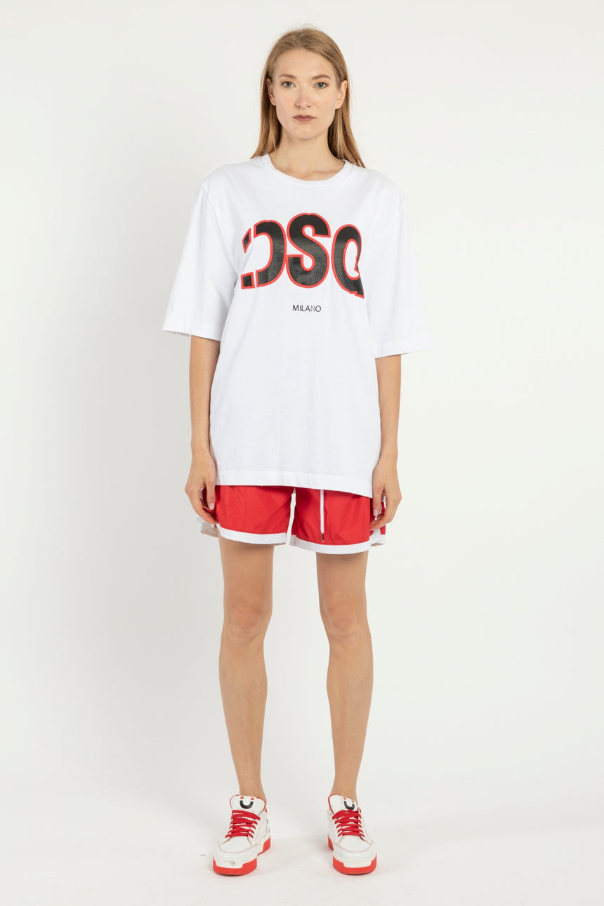 T-SHIRT OVER DSG BIANCA CON STAMPA LOGO A RILIEVO NERO/ROSSA (DONNA)