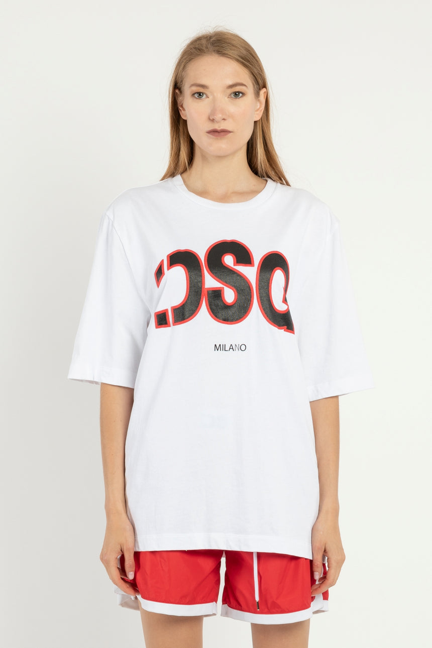 T-SHIRT OVER DSG BIANCA CON STAMPA LOGO A RILIEVO NERO/ROSSA (DONNA)