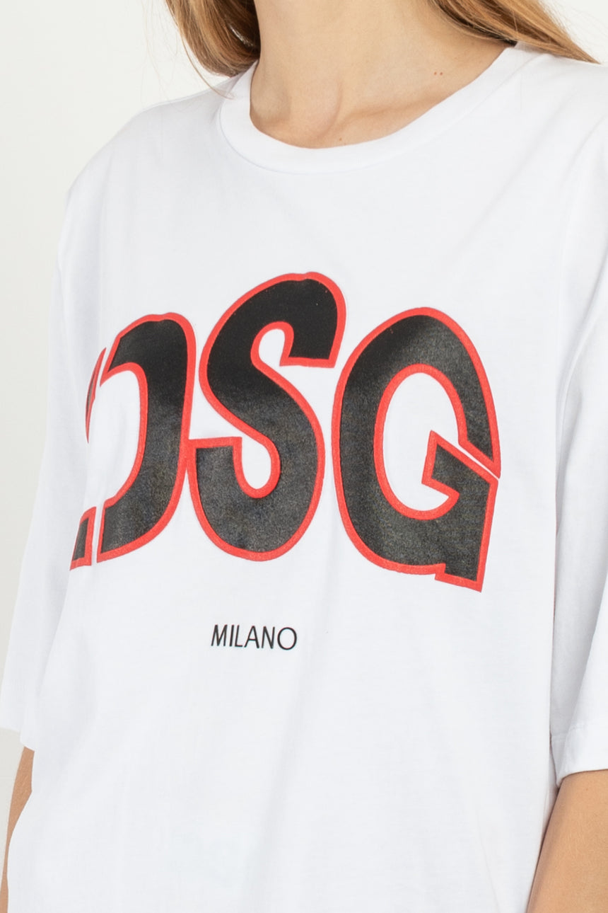 T-SHIRT OVER DSG BIANCA CON STAMPA LOGO A RILIEVO NERO/ROSSA (DONNA)