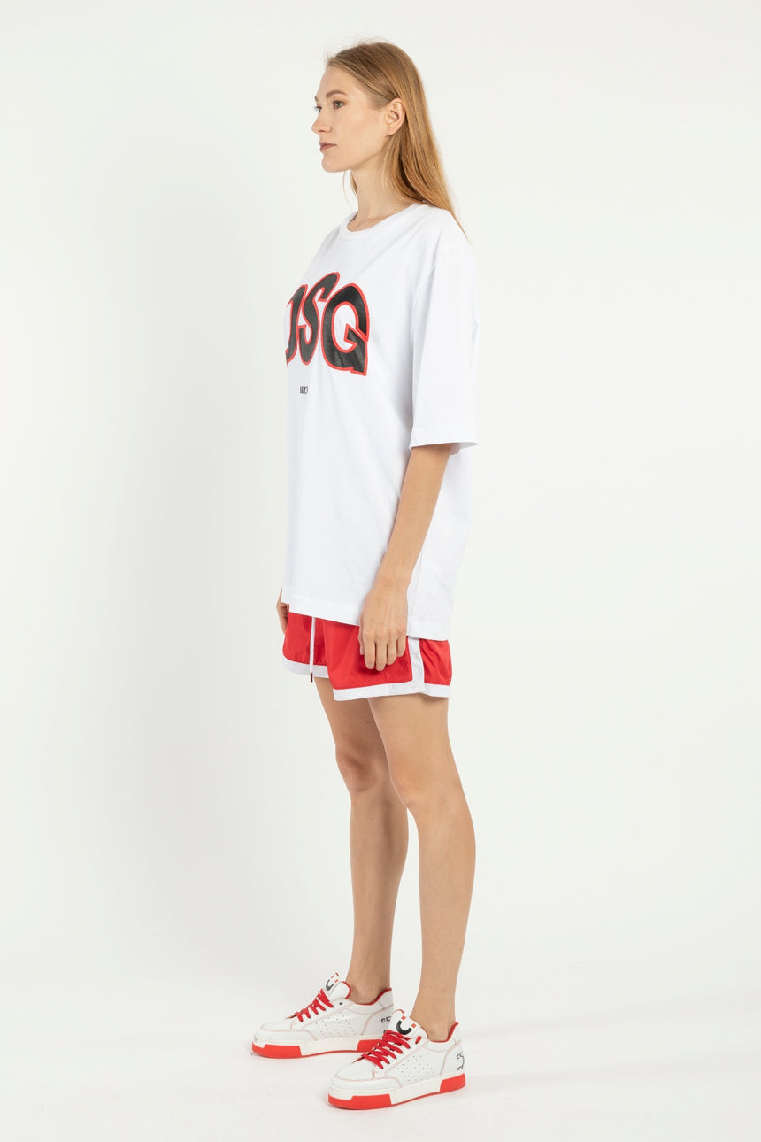 T-SHIRT OVER DSG BIANCA CON STAMPA LOGO A RILIEVO NERO/ROSSA (DONNA)