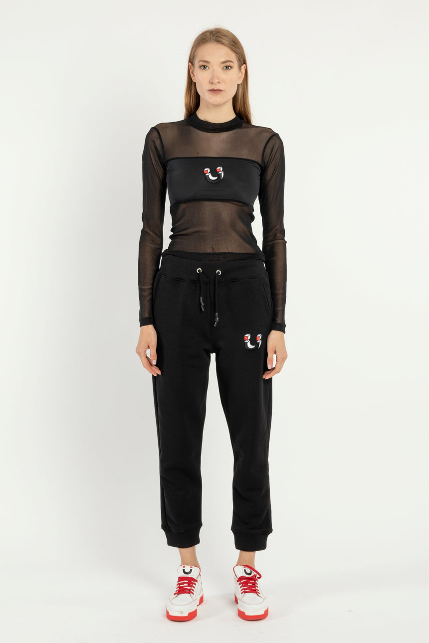 PANTALONE JOGGER DSG IN FELPA NERA E PATCH SMILE